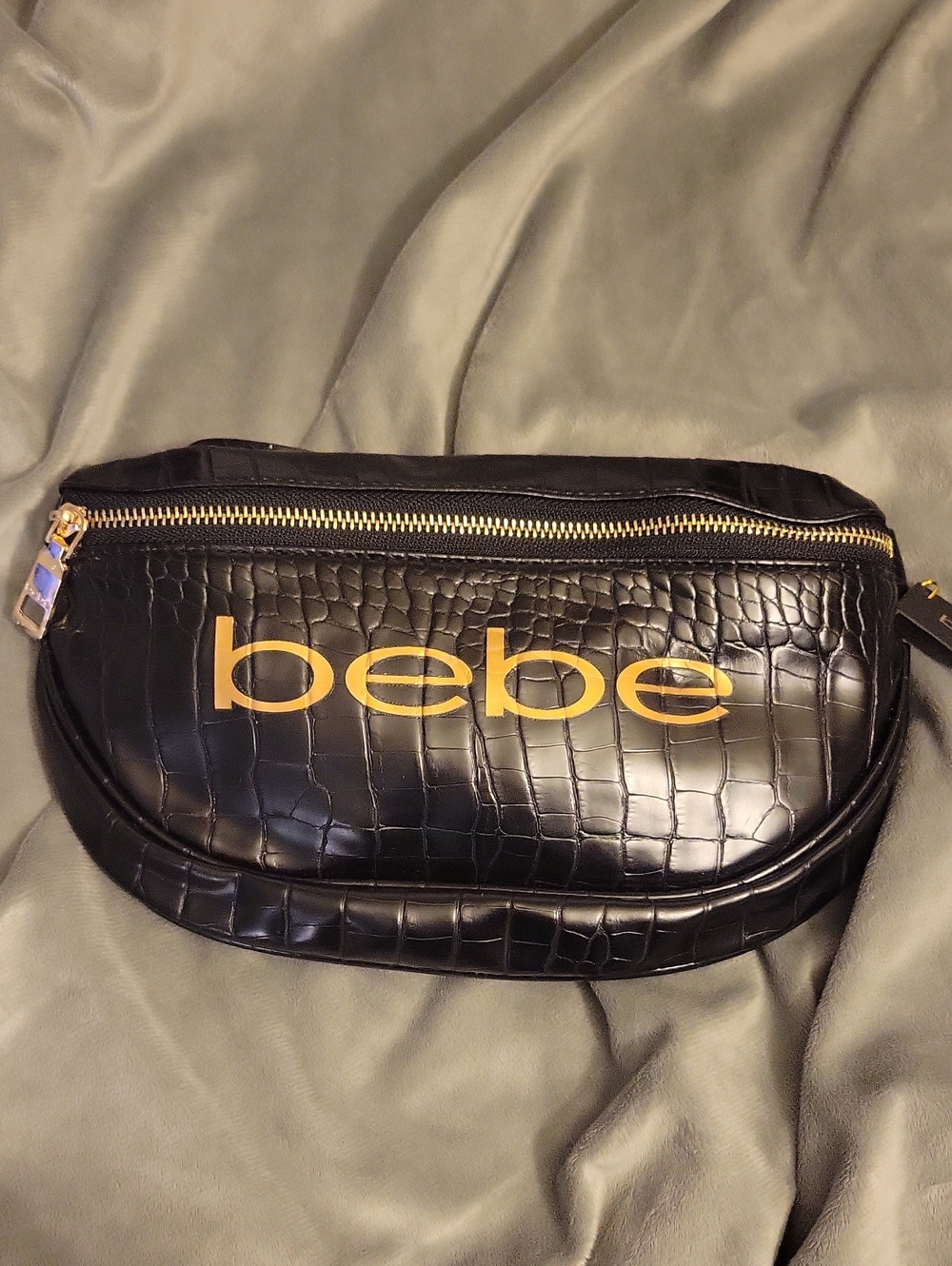 bebe Black Croc-Embossed Crossbody Belt Bag with Gold Logo